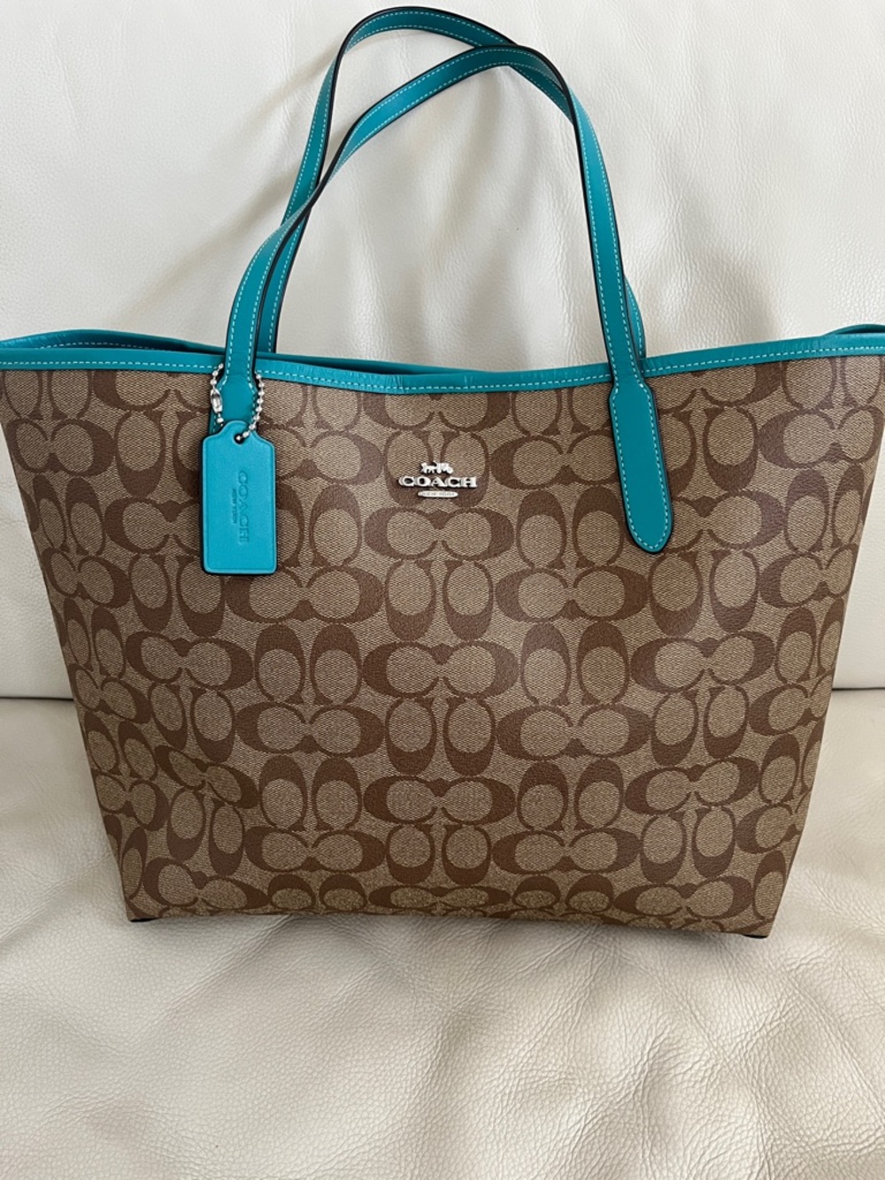 EUC Coach Signature Monogram Tote with Teal Leather Trim